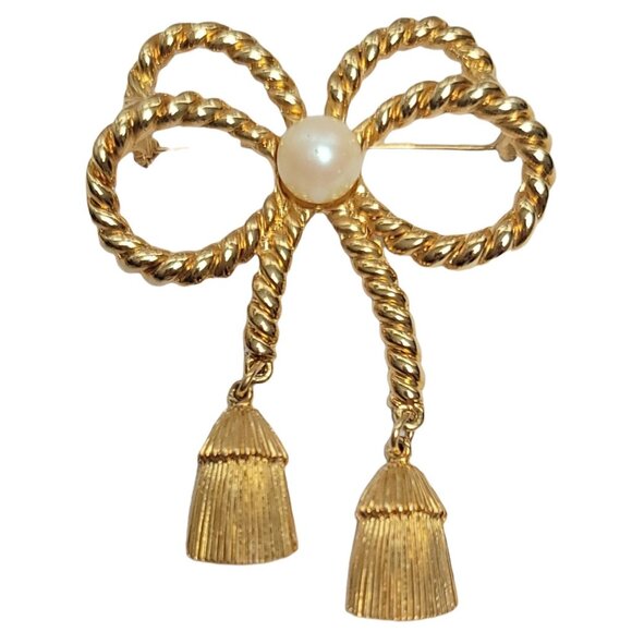 Pierre Balmain Gold-Tone Rope Twist Bow, Tassel Dangle Brooch